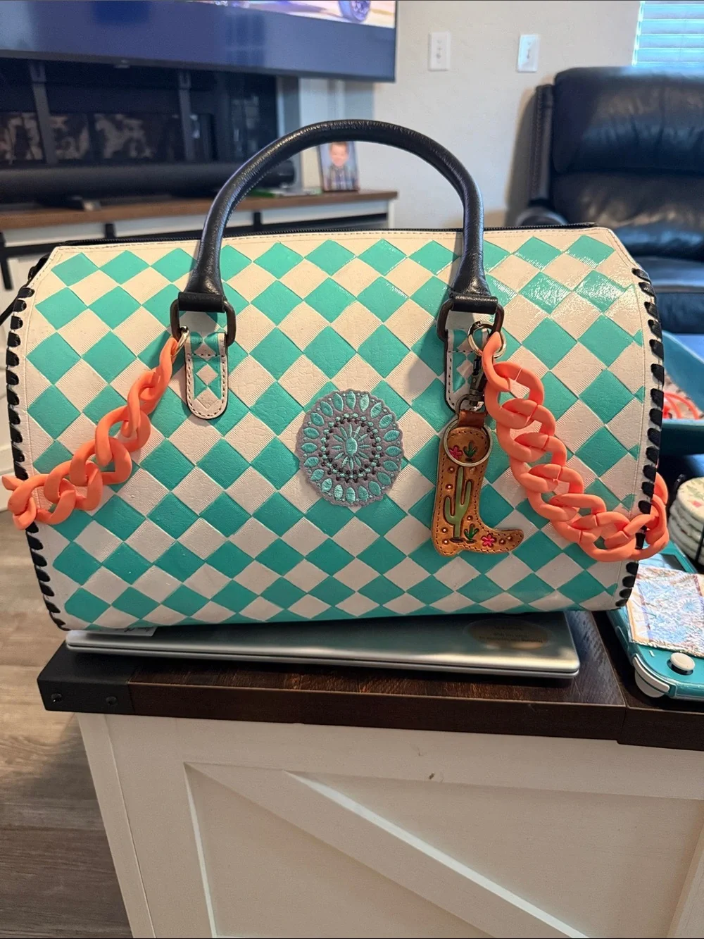 Turquoise & Cream Checker Dome Satchel with Coral Chain Accents